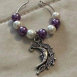 3/$15 Wine glass tag – stainless steel hoop, purple/white beads, crescent moon